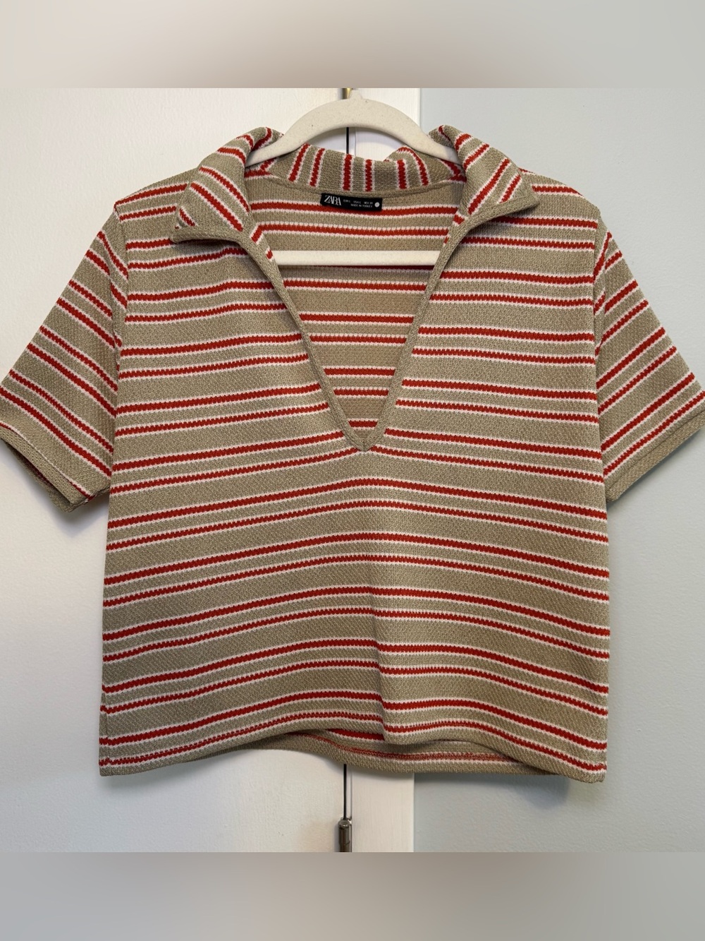 Zara Striped Knit Polo Top in Beige, White and Red-Orange